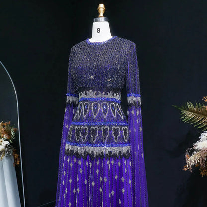 Luxury Purple Beaded Crystal Cape Sleeve Evening Dress SS009