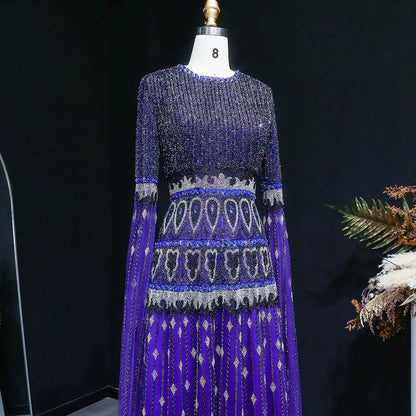 Luxury Purple Beaded Crystal Cape Sleeve Evening Dress SS009