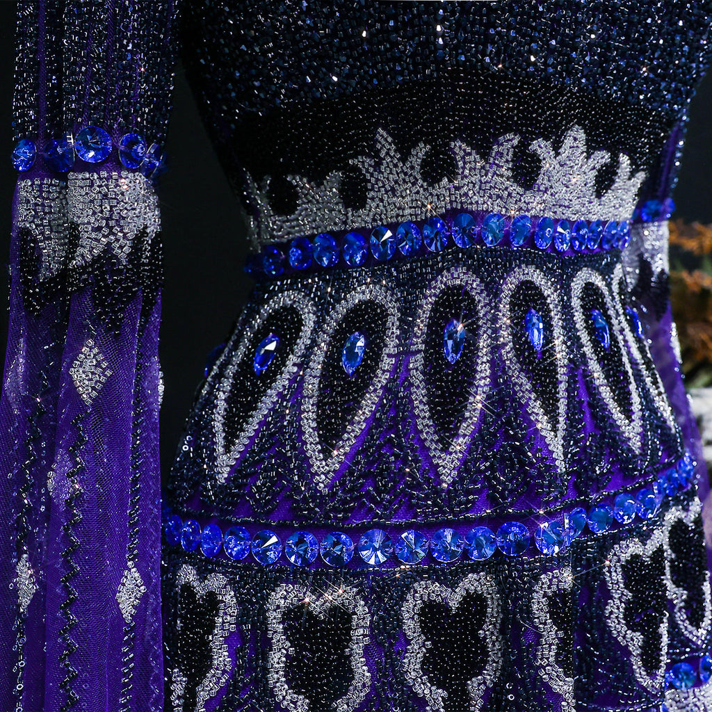 Purple Beaded Crystal Cape Sleeve Luxury Evening Dress SS009