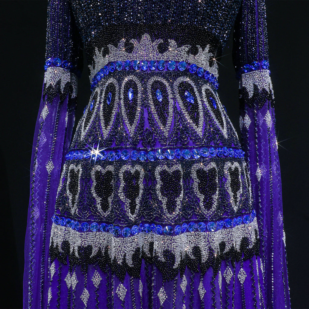 Purple Beaded Crystal Cape Sleeve Luxury Evening Dress SS009