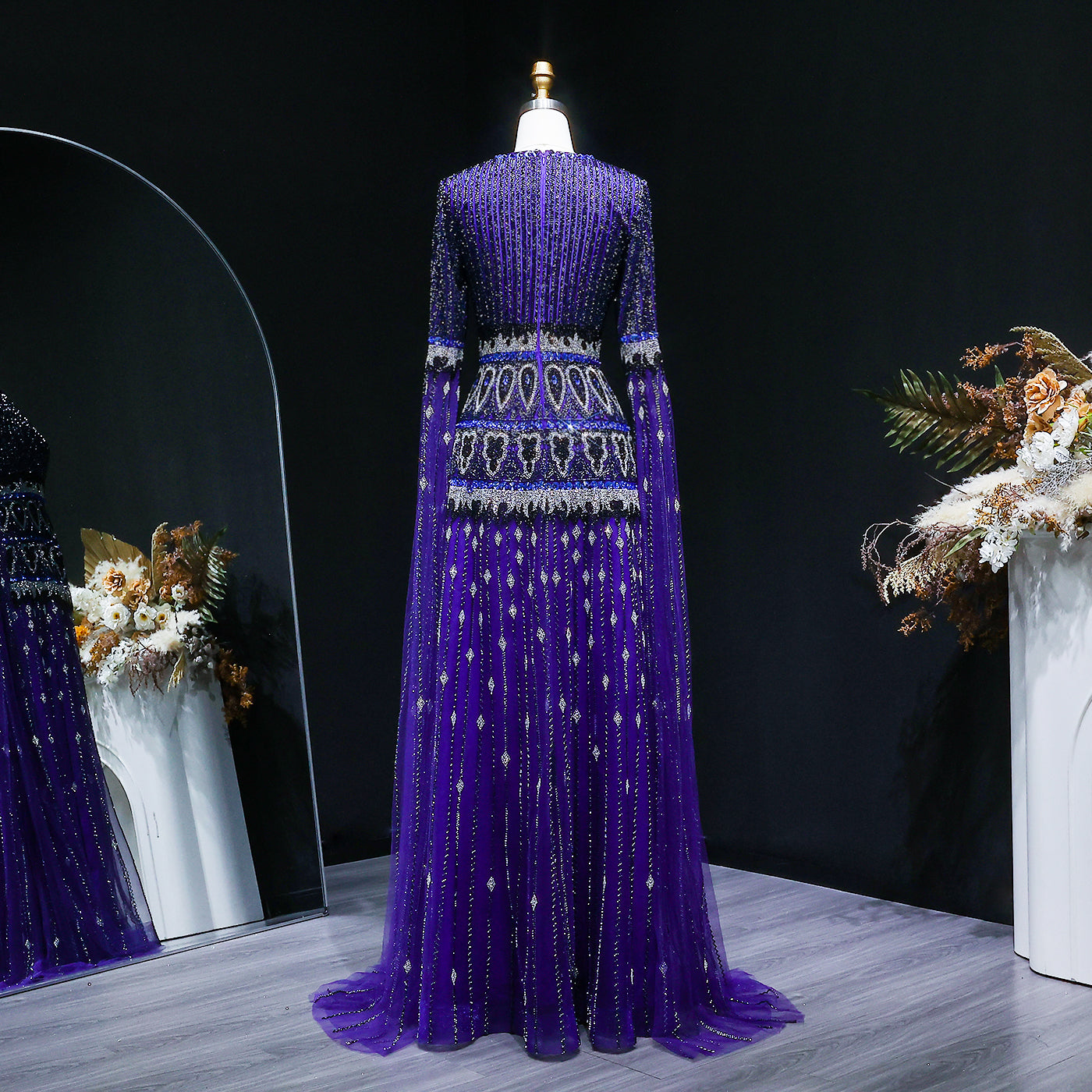Purple Beaded Crystal Cape Sleeve Luxury Evening Dress SS009