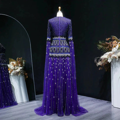Luxury Purple Beaded Crystal Cape Sleeve Evening Dress SS009