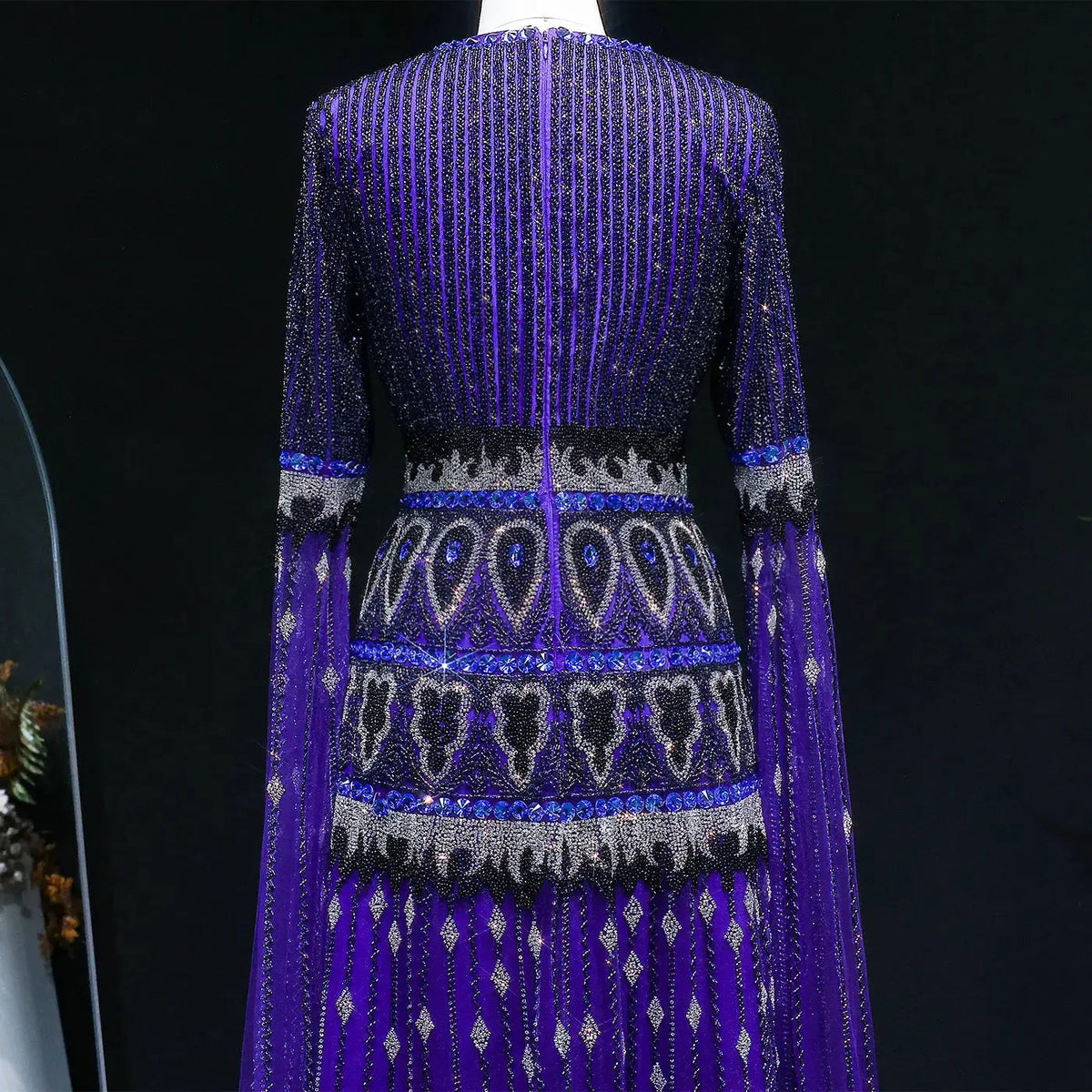Luxury Purple Beaded Crystal Cape Sleeve Evening Dress SS009