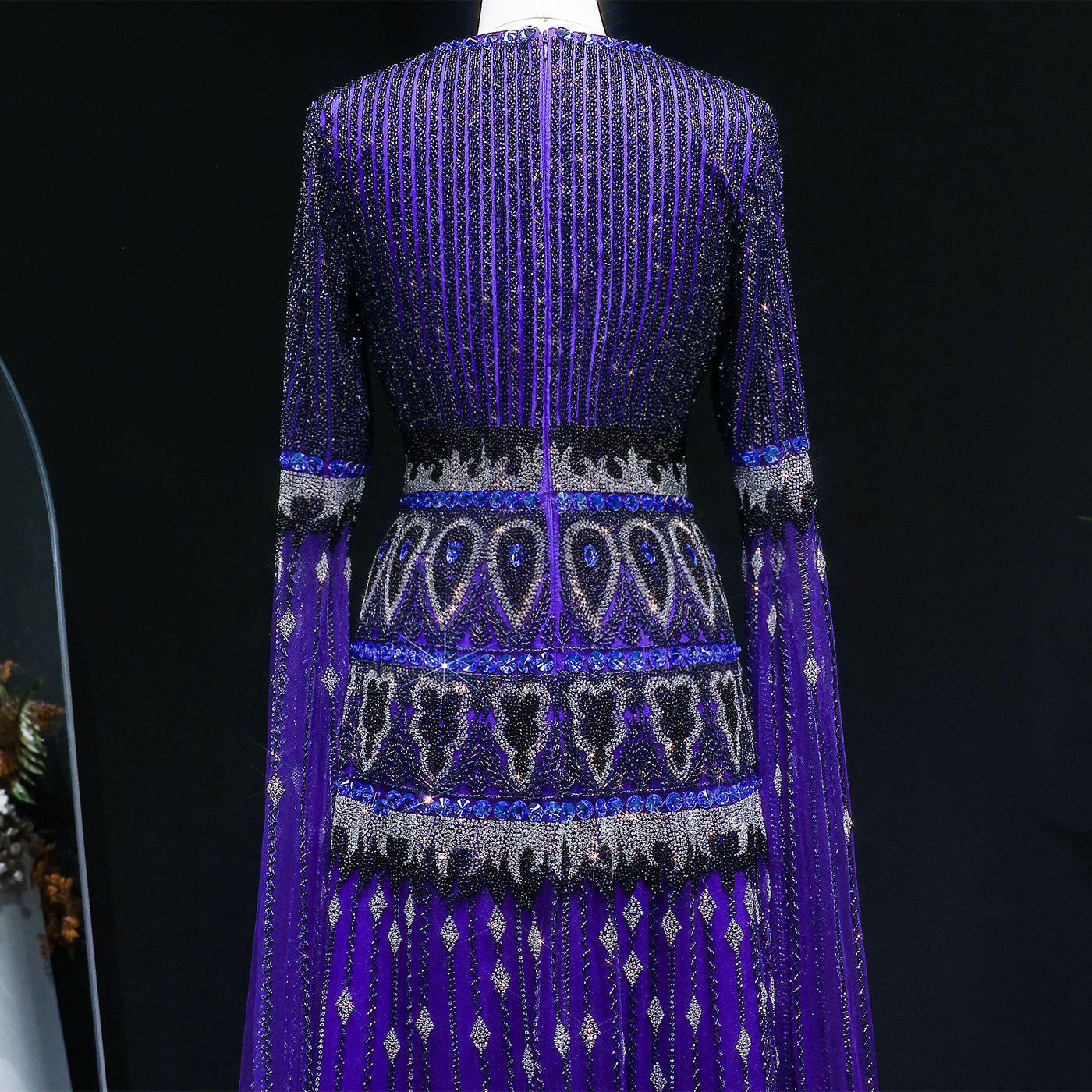 Purple Beaded Crystal Cape Sleeve Luxury Evening Dress SS009