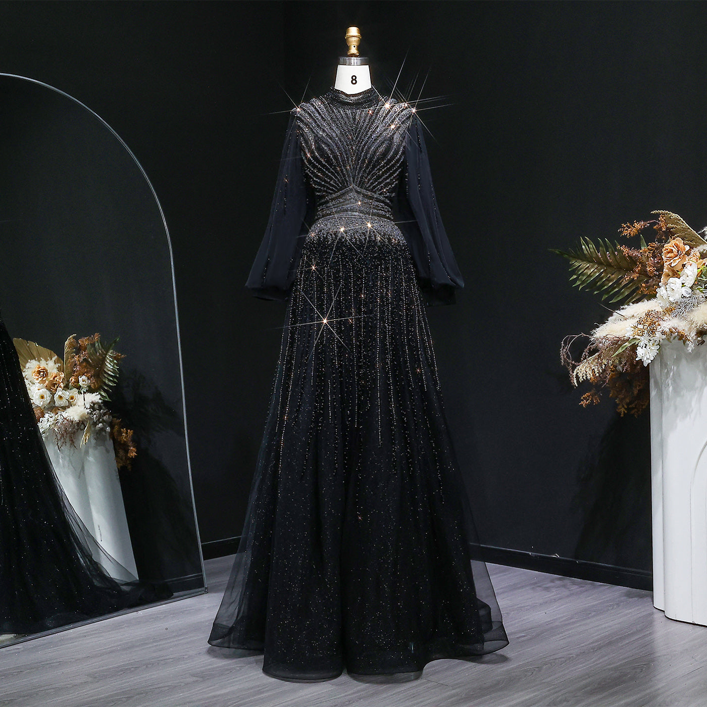 Blue Luxury Sequin Beaded Long Sleeve Evening Dress SS012