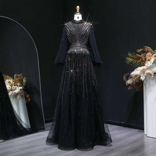 Blue Luxury Sequin Beaded Long Sleeve Evening Dress SS012