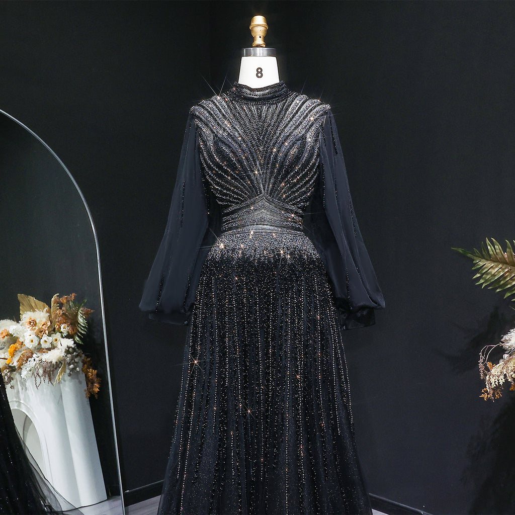 Blue Luxury Sequin Beaded Long Sleeve Evening Dress SS012