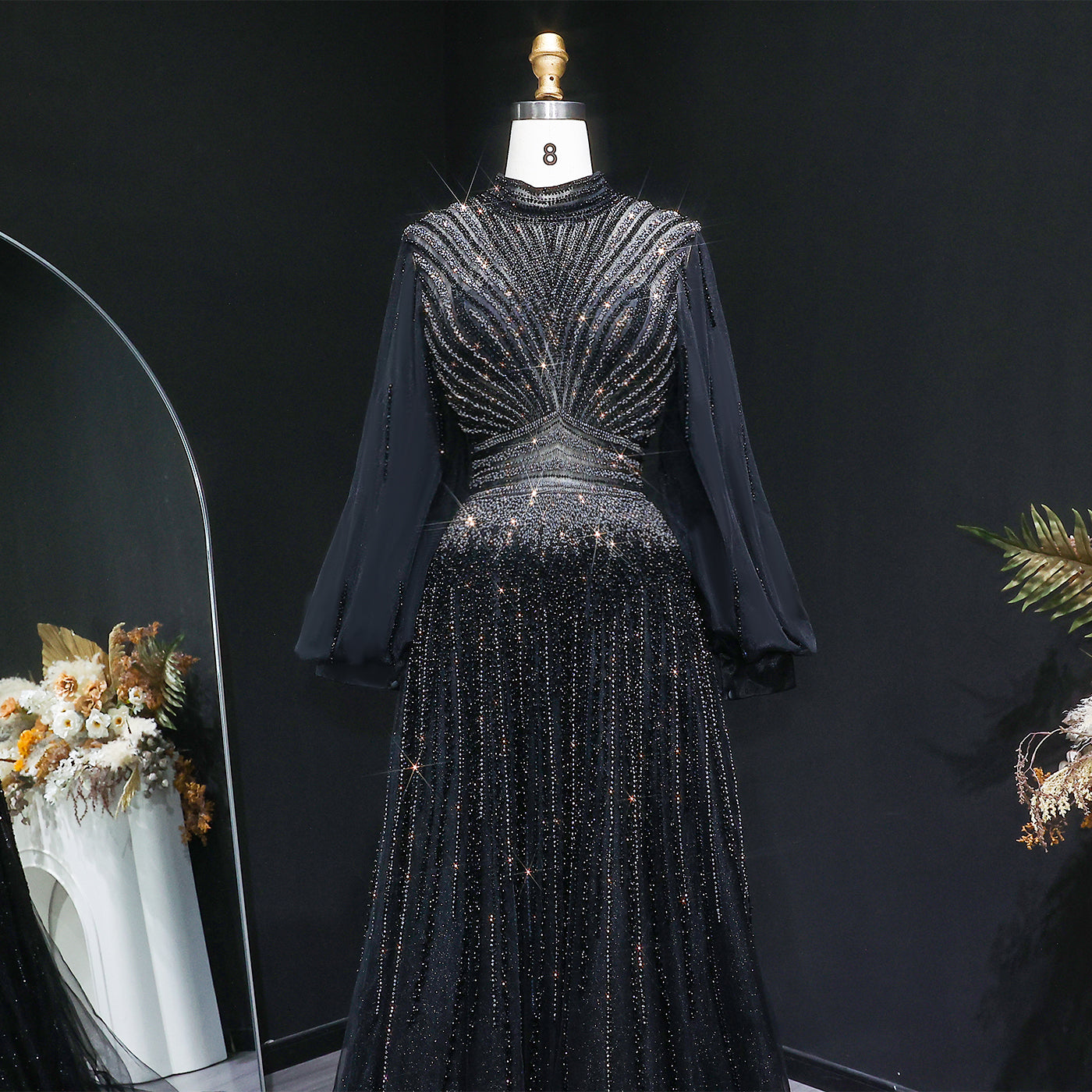 Blue Luxury Sequin Beaded Long Sleeve Evening Dress SS012