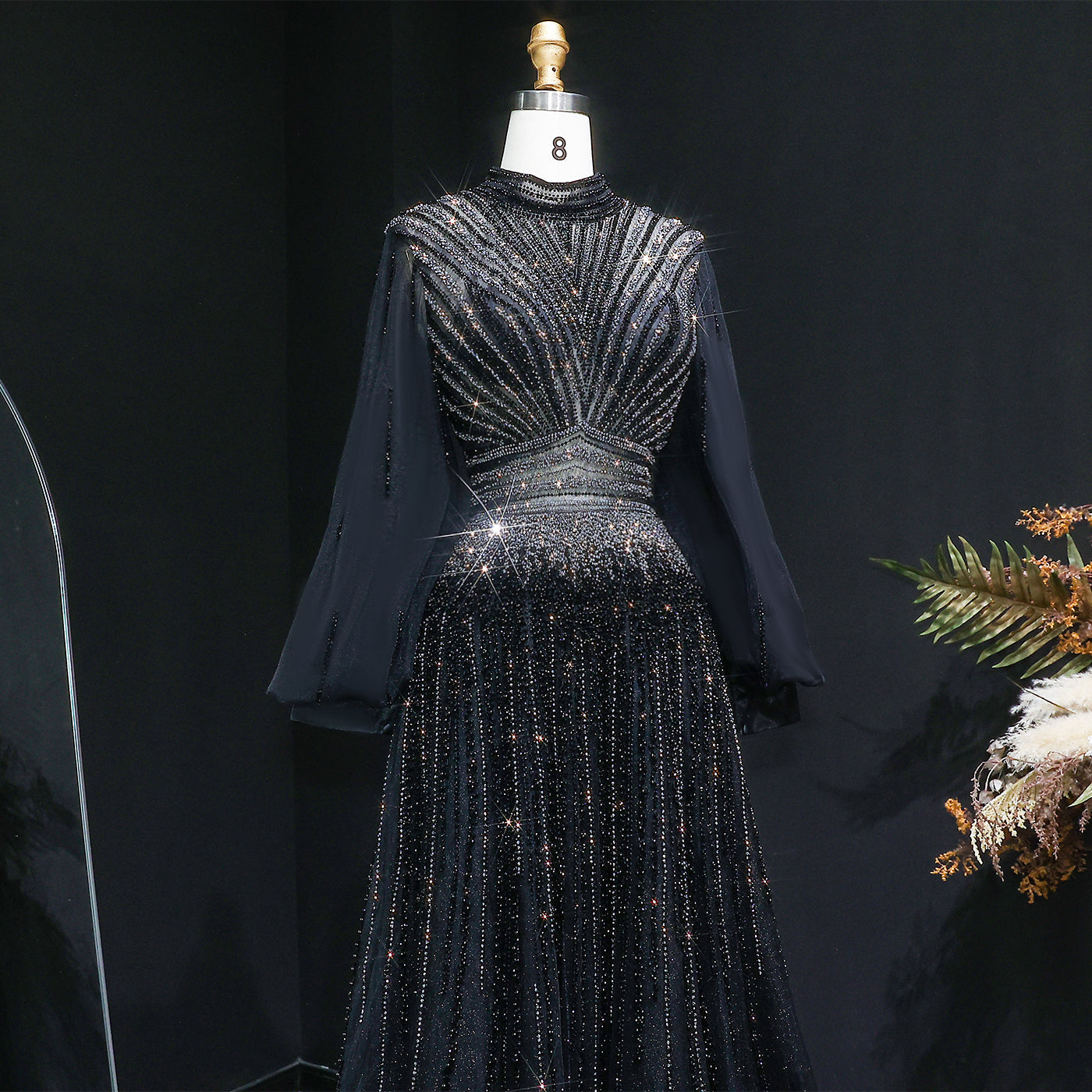 Blue Luxury Sequin Beaded Long Sleeve Evening Dress SS012