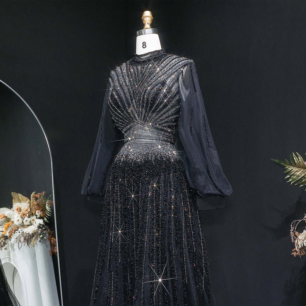 Blue Luxury Sequin Beaded Long Sleeve Evening Dress SS012