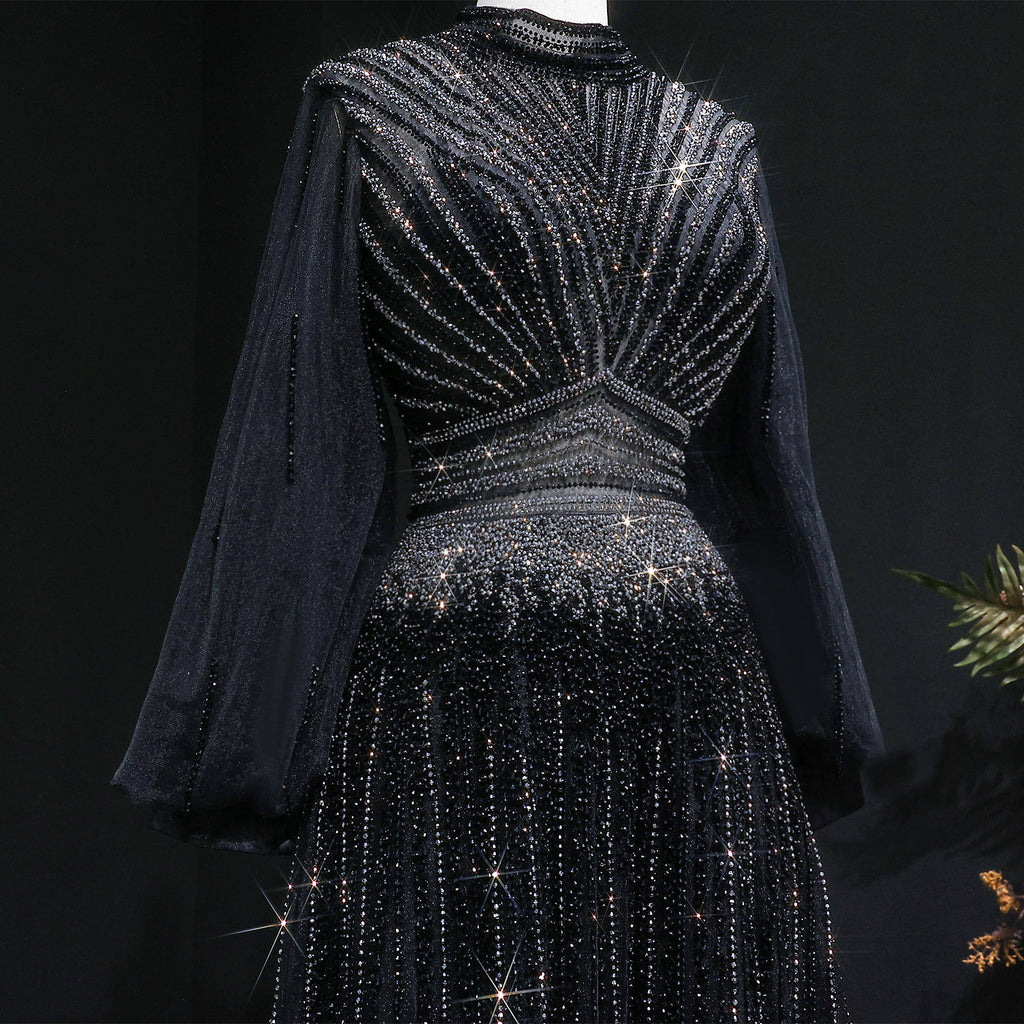 Blue Luxury Sequin Beaded Long Sleeve Evening Dress SS012