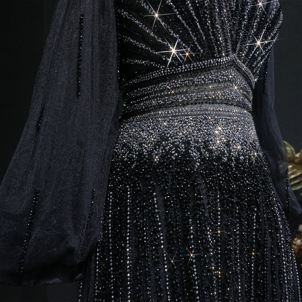 Blue Luxury Sequin Beaded Long Sleeve Evening Dress SS012