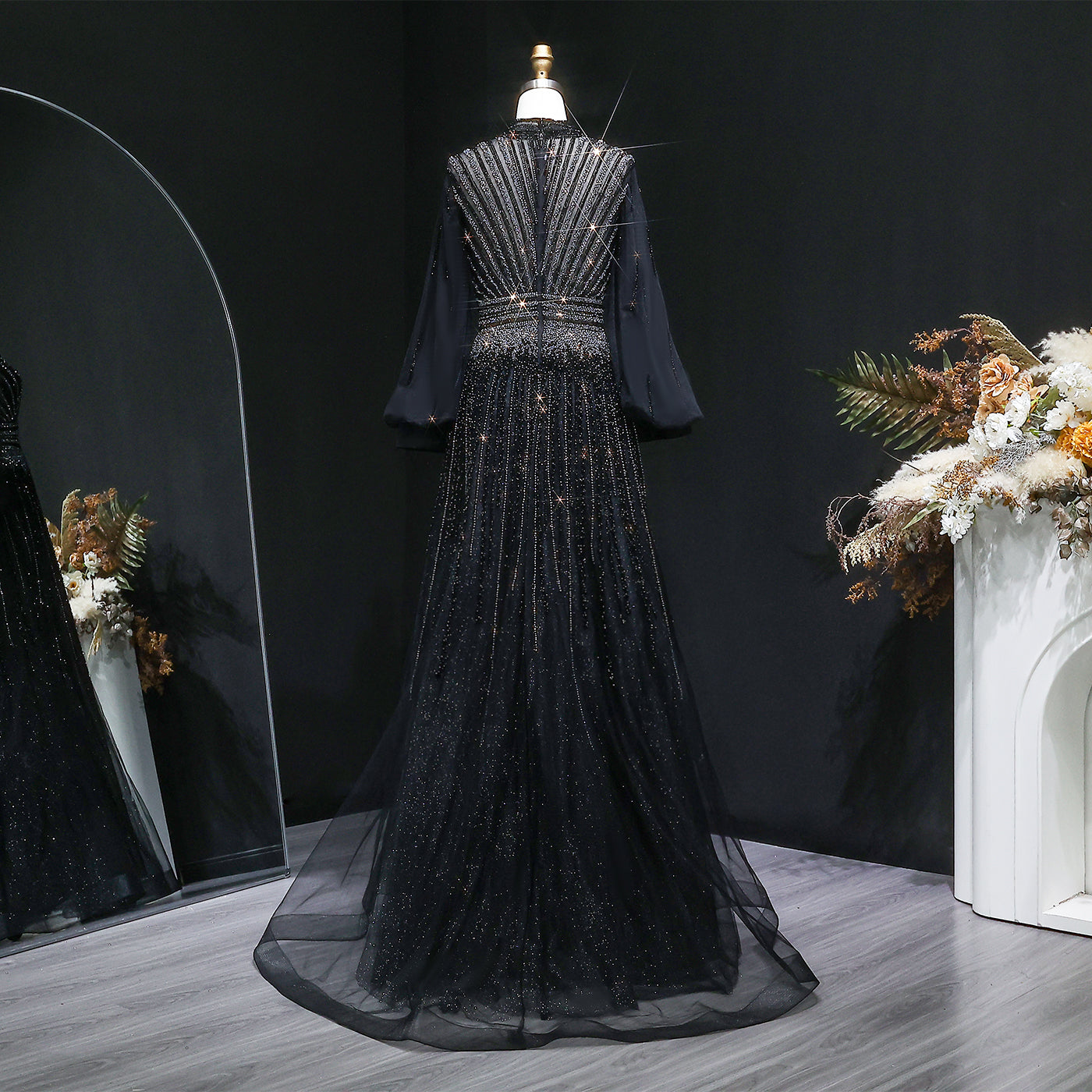 Blue Luxury Sequin Beaded Long Sleeve Evening Dress SS012