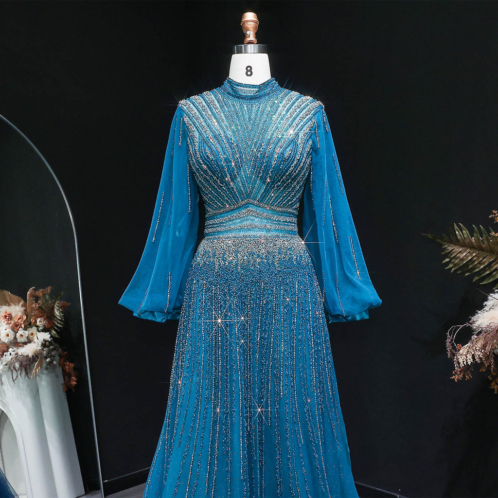 Blue Luxury Sequin Beaded Long Sleeve Evening Dress SS012