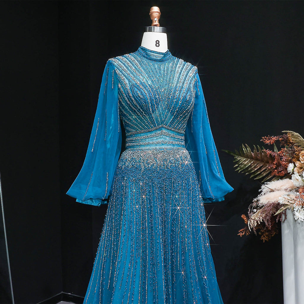 Blue Luxury Sequin Beaded Long Sleeve Evening Dress SS012