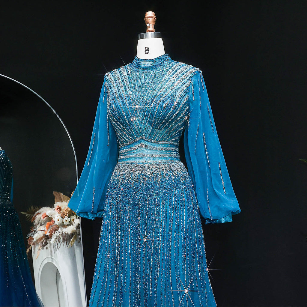 Blue Luxury Sequin Beaded Long Sleeve Evening Dress SS012