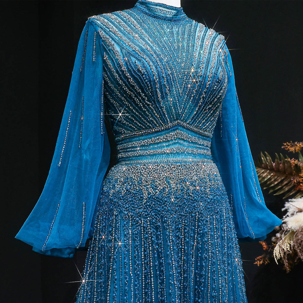 Blue Luxury Sequin Beaded Long Sleeve Evening Dress SS012