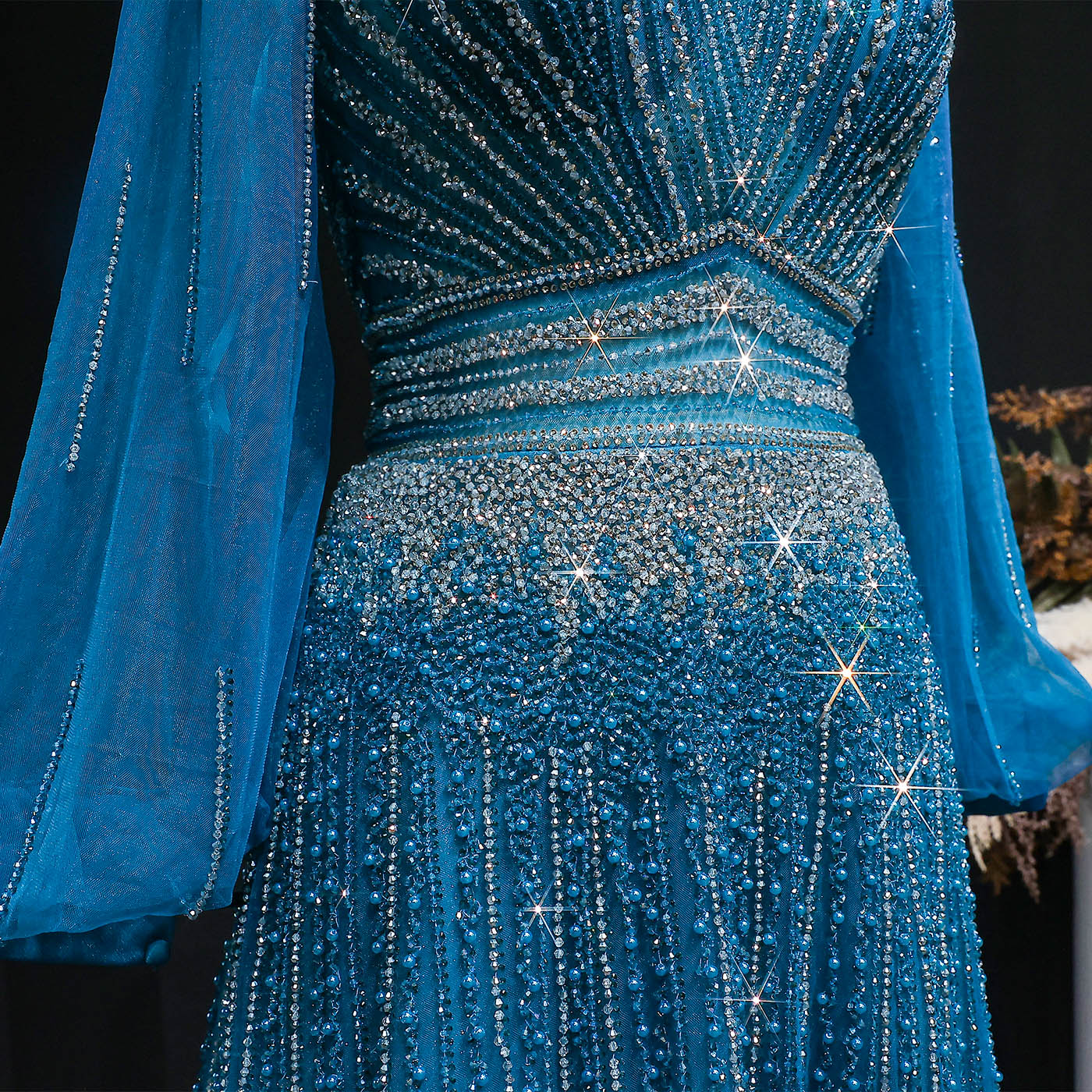 Blue Luxury Sequin Beaded Long Sleeve Evening Dress SS012