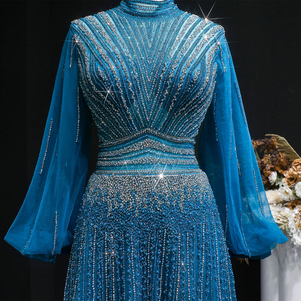 Blue Luxury Sequin Beaded Long Sleeve Evening Dress SS012