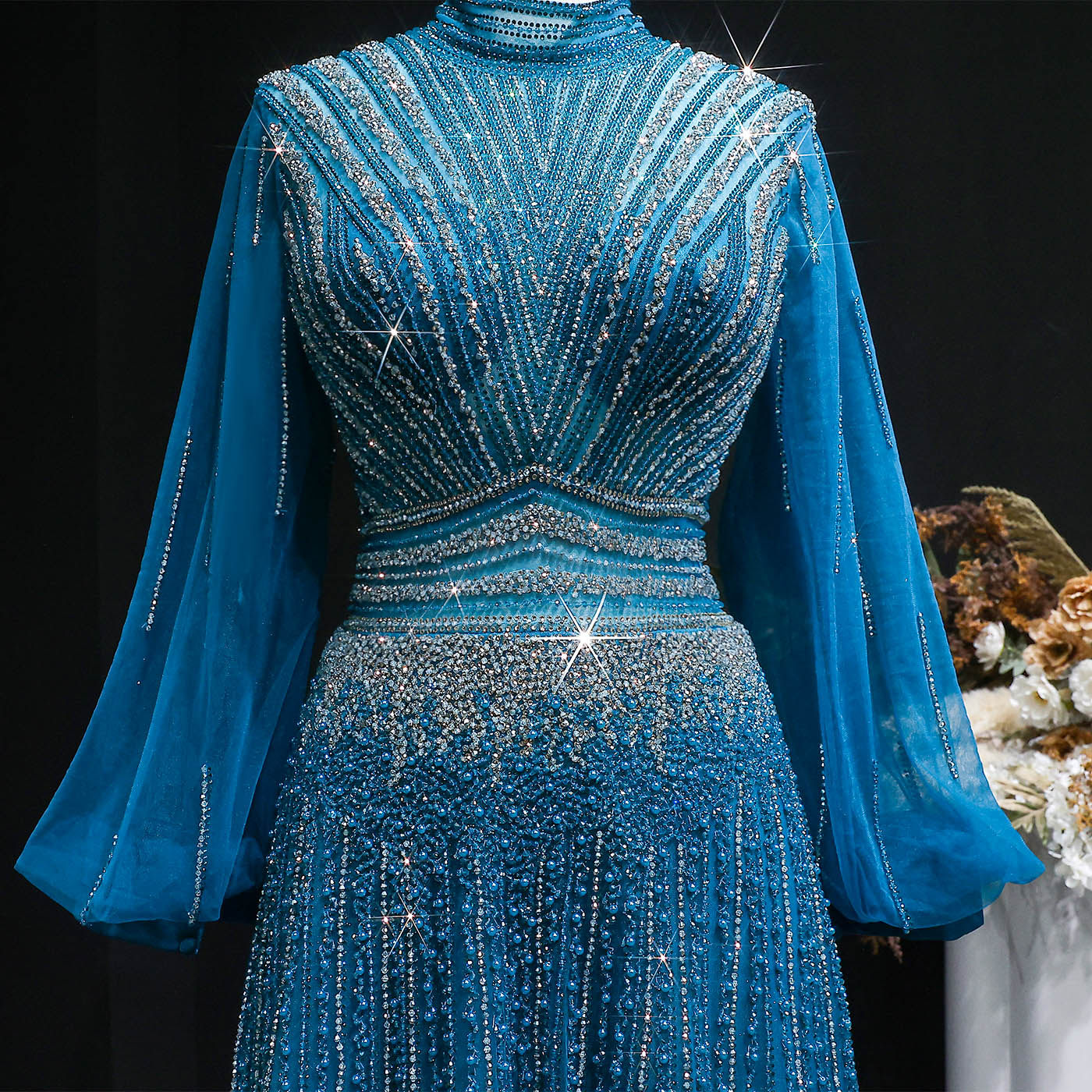 Blue Luxury Sequin Beaded Long Sleeve Evening Dress SS012