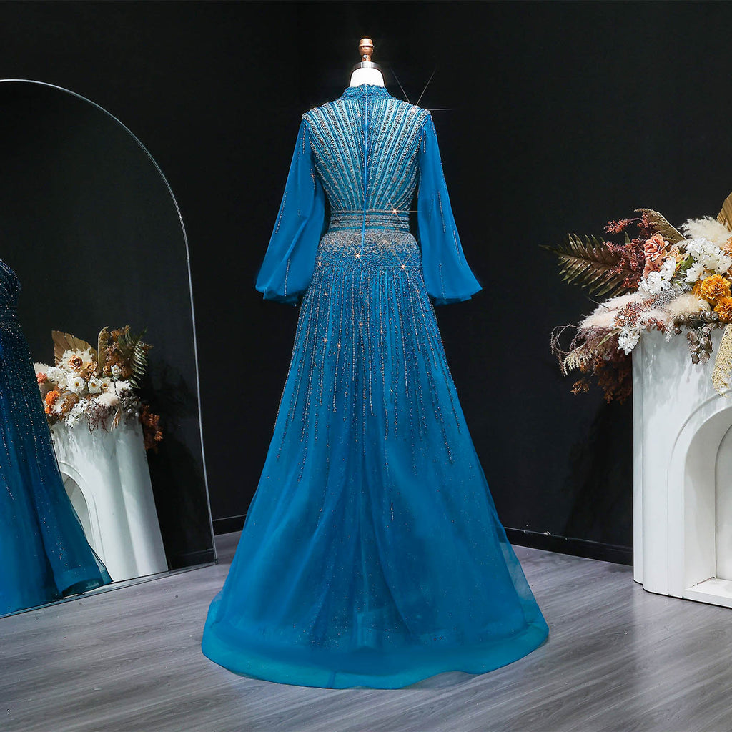 Blue Luxury Sequin Beaded Long Sleeve Evening Dress SS012