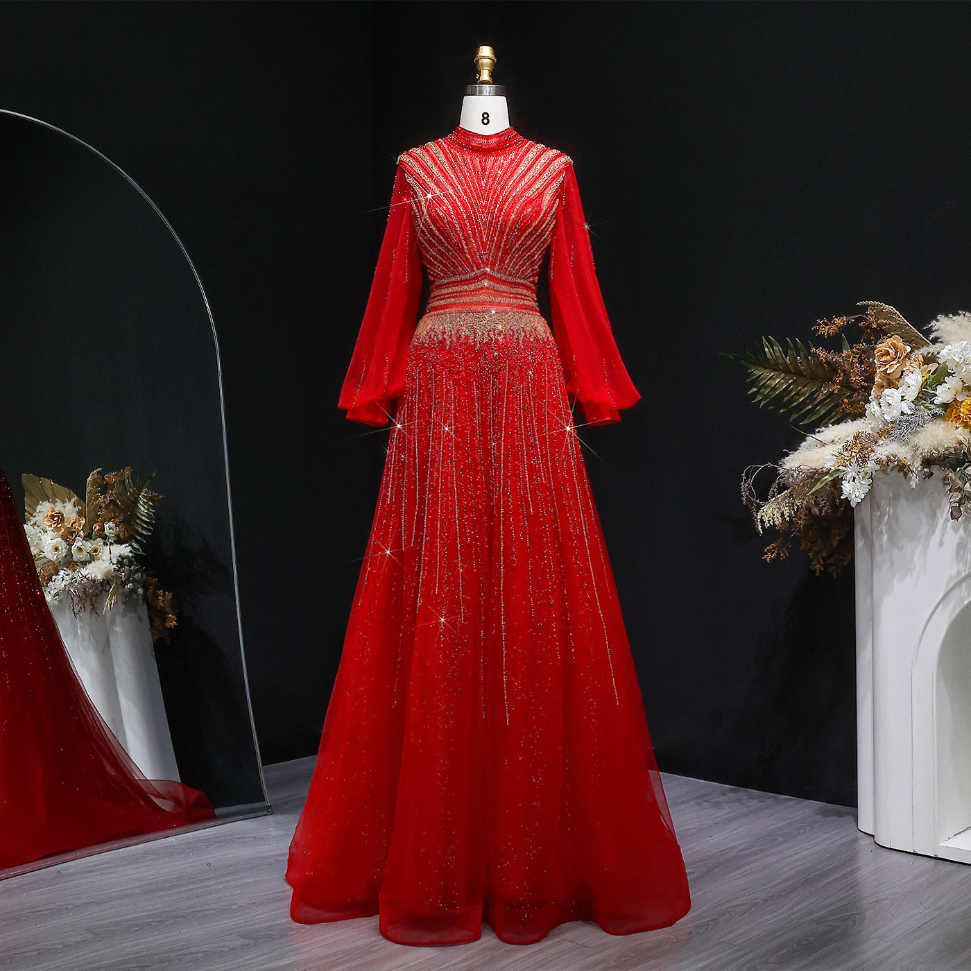 Blue Luxury Sequin Beaded Long Sleeve Evening Dress SS012