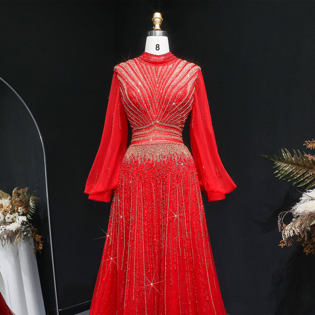 Blue Luxury Sequin Beaded Long Sleeve Evening Dress SS012