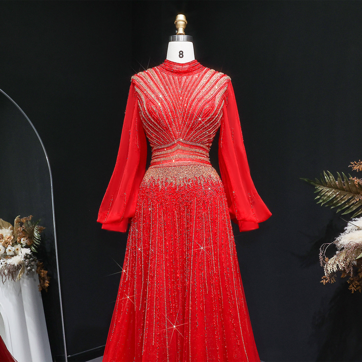 Blue Luxury Sequin Beaded Long Sleeve Evening Dress SS012