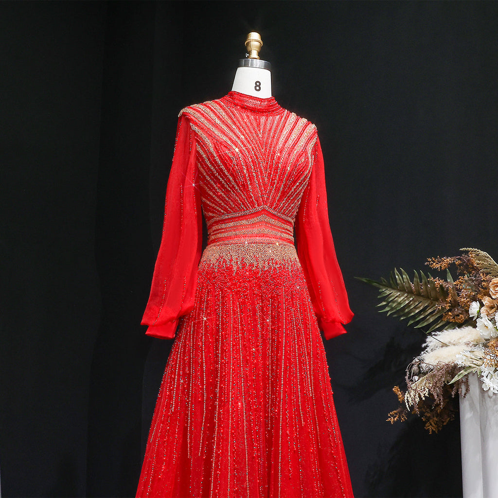 Blue Luxury Sequin Beaded Long Sleeve Evening Dress SS012