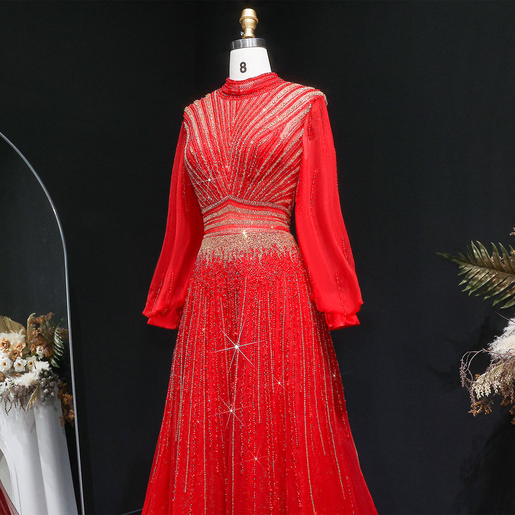 Blue Luxury Sequin Beaded Long Sleeve Evening Dress SS012