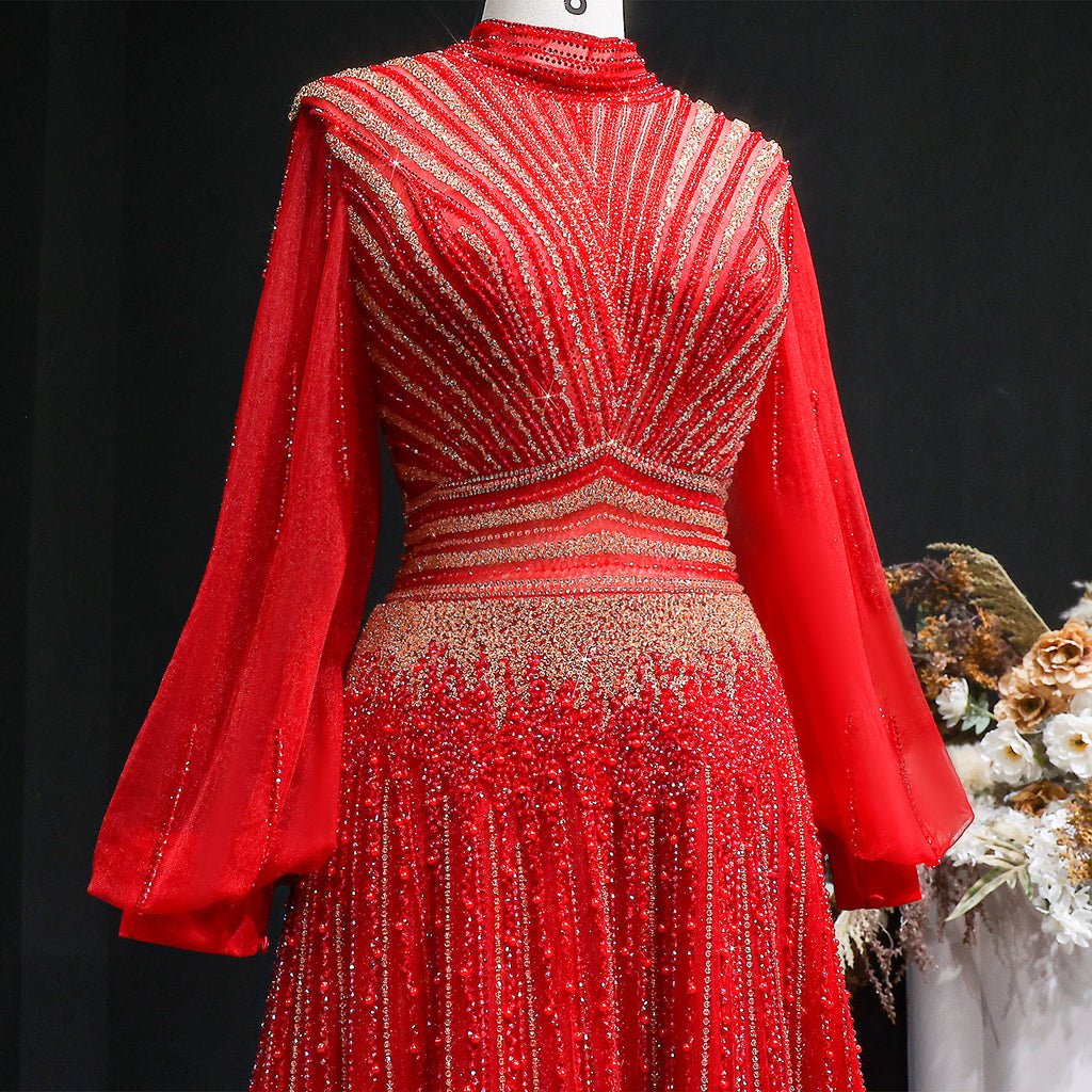 Blue Luxury Sequin Beaded Long Sleeve Evening Dress SS012