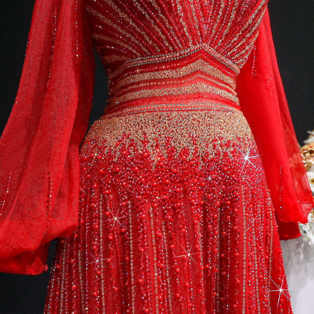 Blue Luxury Sequin Beaded Long Sleeve Evening Dress SS012