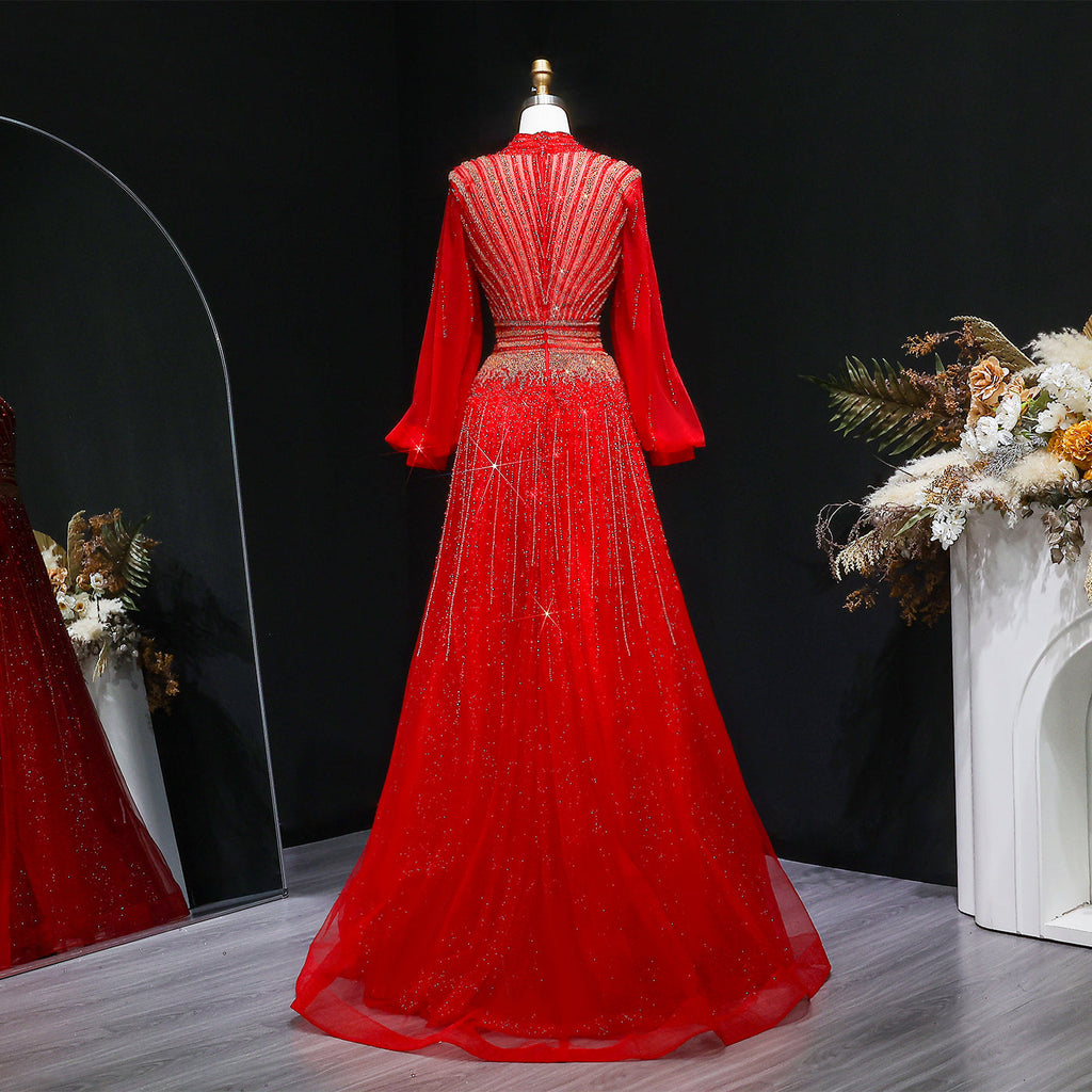 Blue Luxury Sequin Beaded Long Sleeve Evening Dress SS012