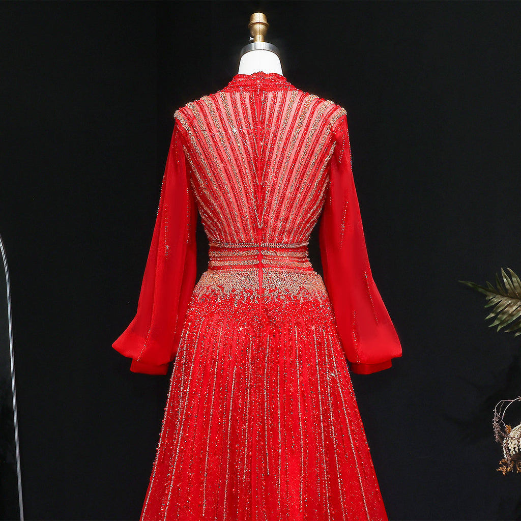 Blue Luxury Sequin Beaded Long Sleeve Evening Dress SS012
