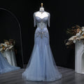 Champagne Beaded Crystal Tassel Shoulder Luxury Evening Dress SS021