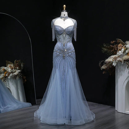 Luxury Champagne Beaded Crystal Evening Dress with Tassel Shoulder SS021