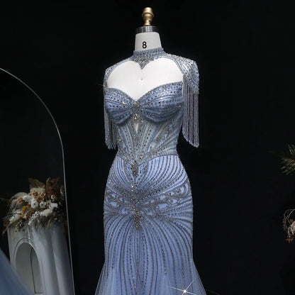 Luxury Champagne Beaded Crystal Evening Dress with Tassel Shoulder SS021