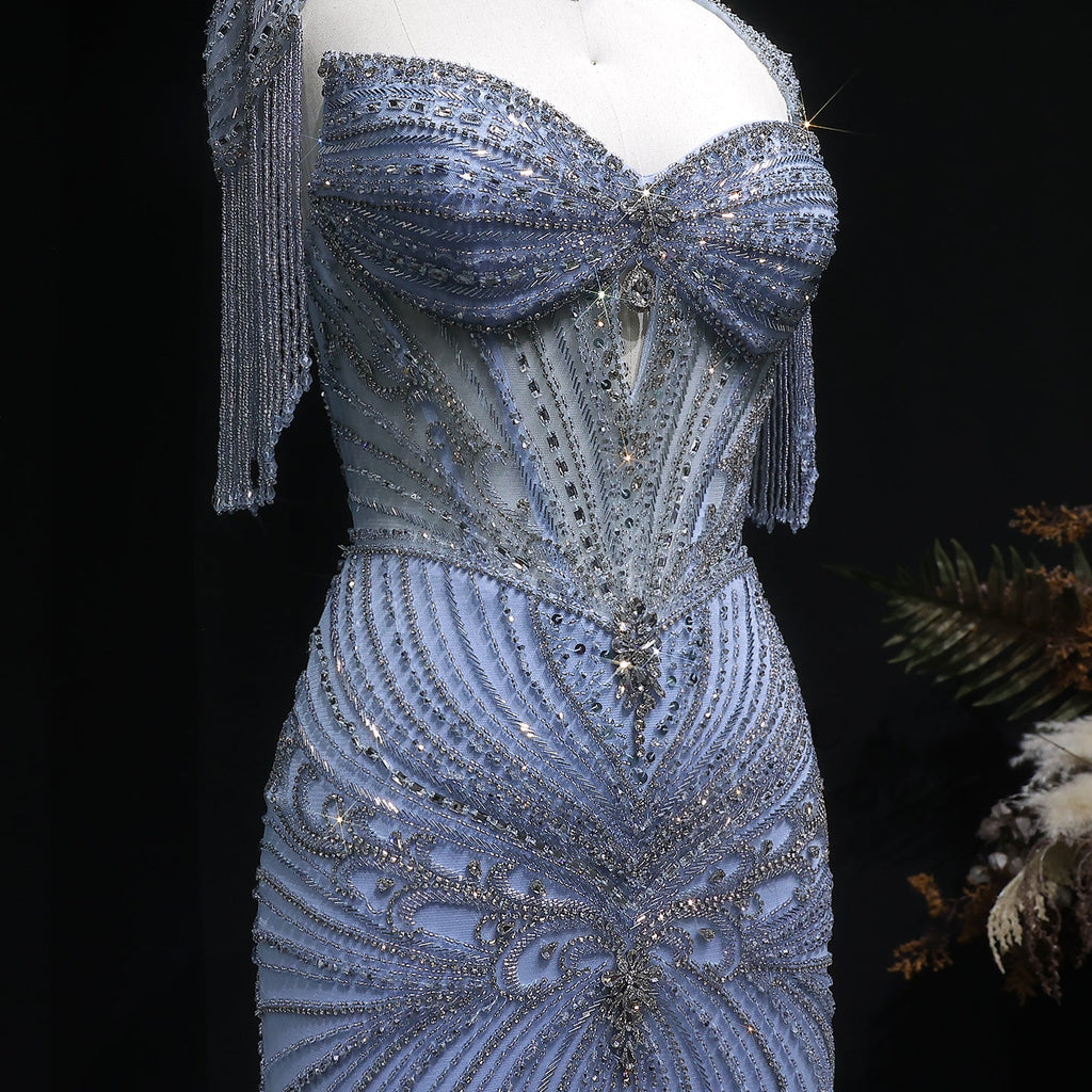 Champagne Beaded Crystal Tassel Shoulder Luxury Evening Dress SS021