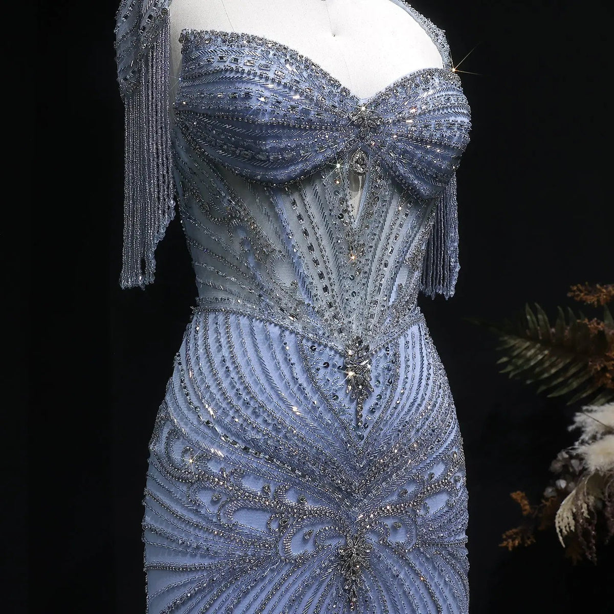 Luxury Champagne Beaded Crystal Evening Dress with Tassel Shoulder SS021