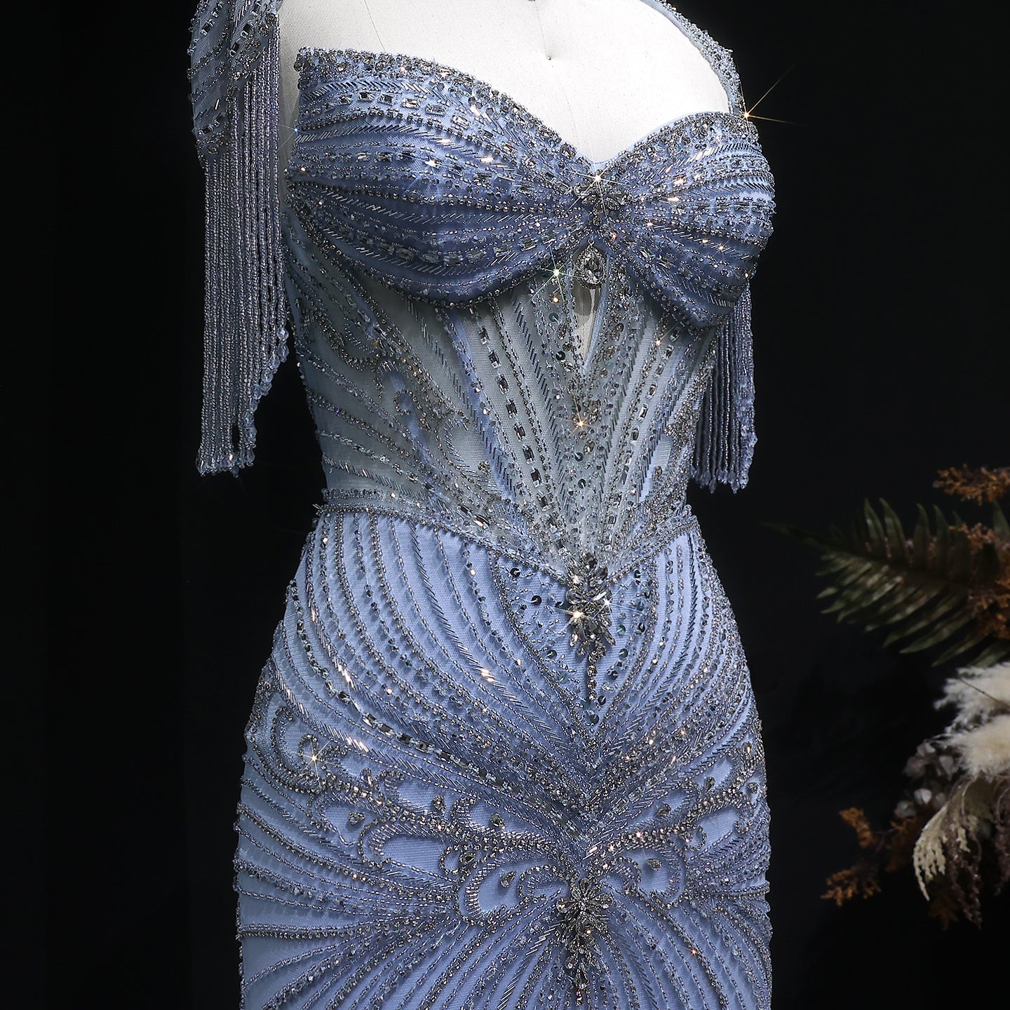 Champagne Beaded Crystal Tassel Shoulder Luxury Evening Dress SS021