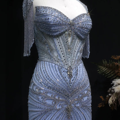Luxury Champagne Beaded Crystal Evening Dress with Tassel Shoulder SS021