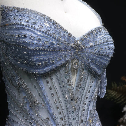 Luxury Champagne Beaded Crystal Evening Dress with Tassel Shoulder SS021