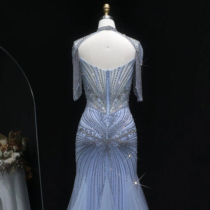Luxury Champagne Beaded Crystal Evening Dress with Tassel Shoulder SS021