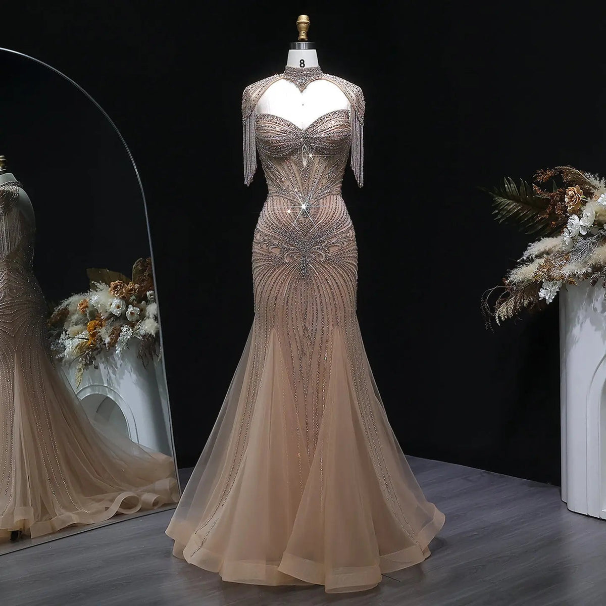 Luxury Champagne Beaded Crystal Evening Dress with Tassel Shoulder SS021