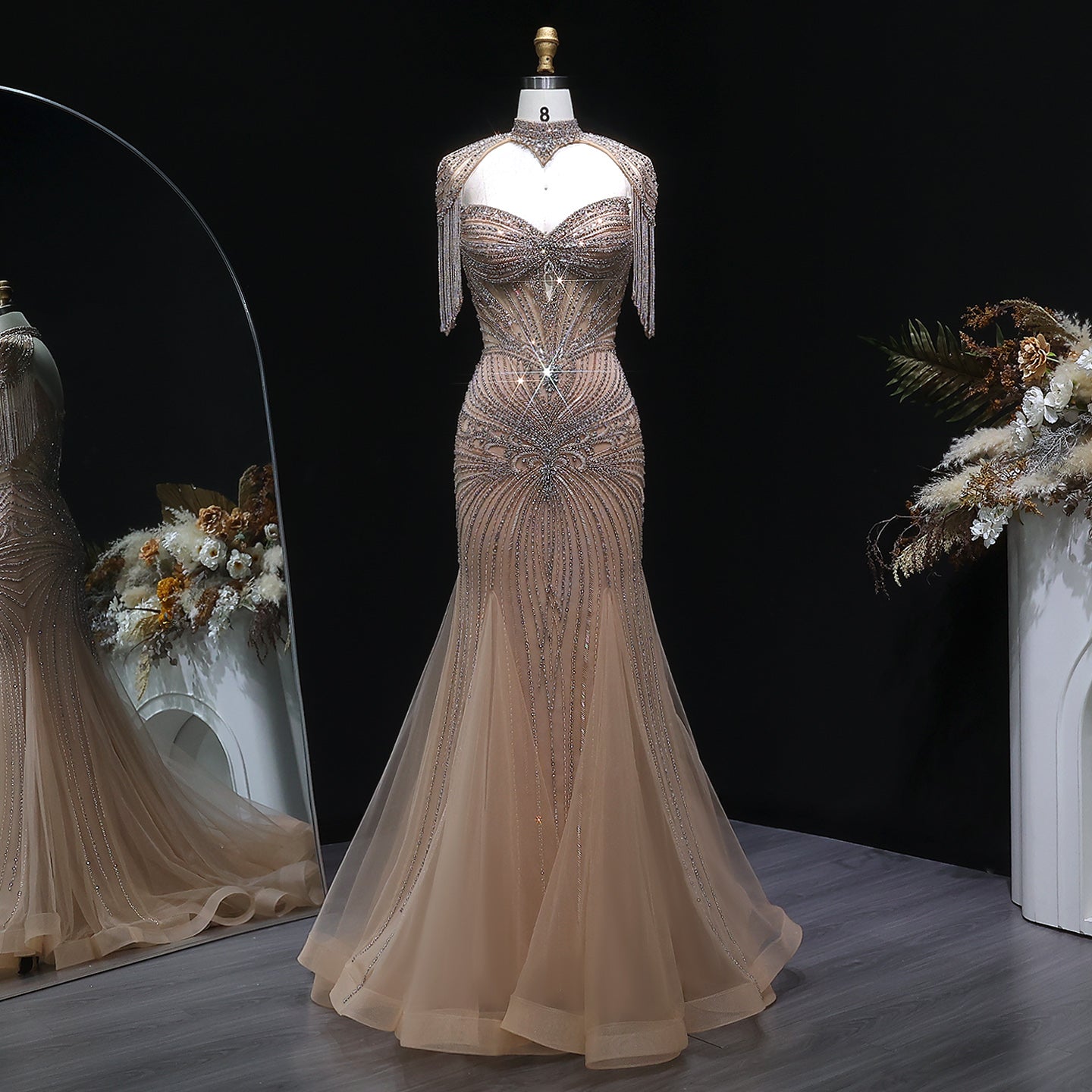 Champagne Beaded Crystal Tassel Shoulder Luxury Evening Dress SS021