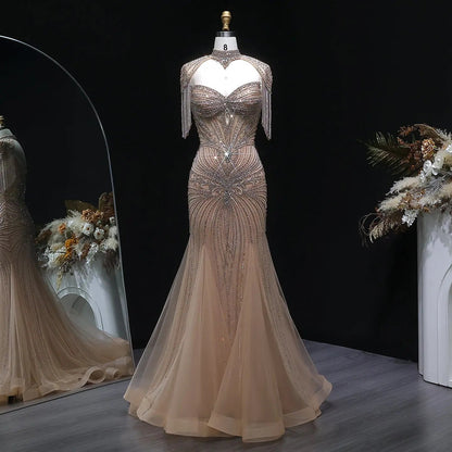 Luxury Champagne Beaded Crystal Evening Dress with Tassel Shoulder SS021
