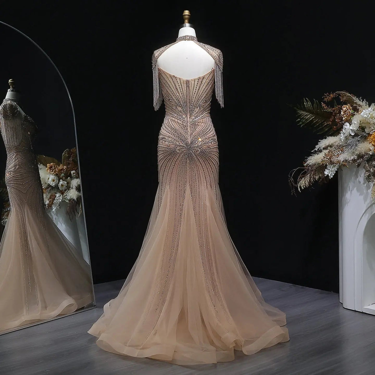 Luxury Champagne Beaded Crystal Evening Dress with Tassel Shoulder SS021