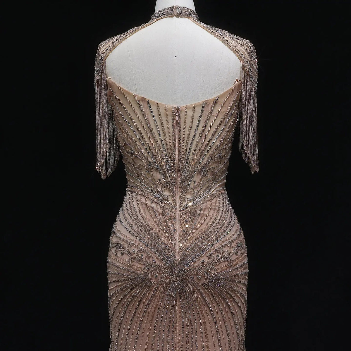 Luxury Champagne Beaded Crystal Evening Dress with Tassel Shoulder SS021