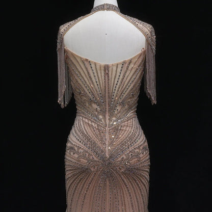 Luxury Champagne Beaded Crystal Evening Dress with Tassel Shoulder SS021