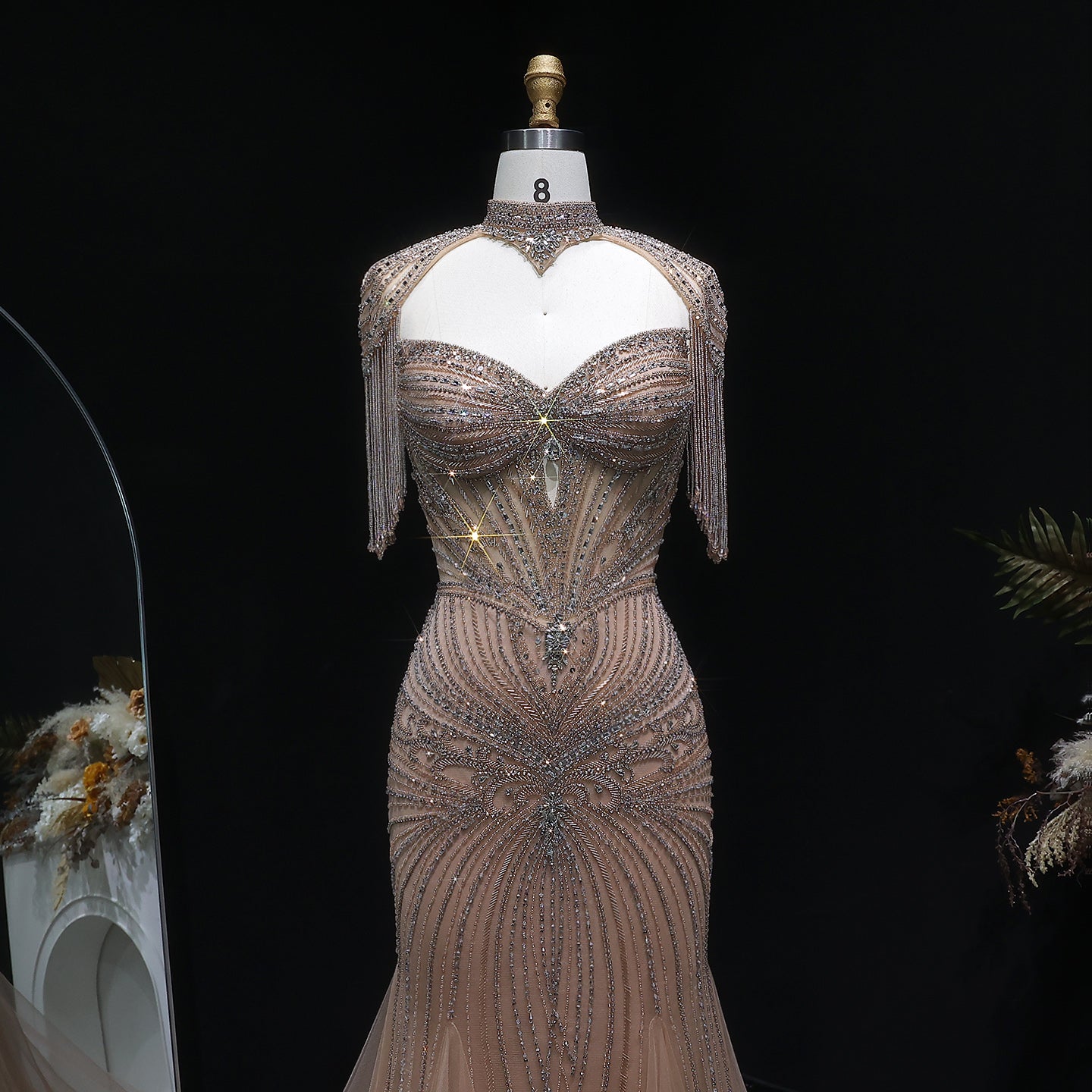 Champagne Beaded Crystal Tassel Shoulder Luxury Evening Dress SS021